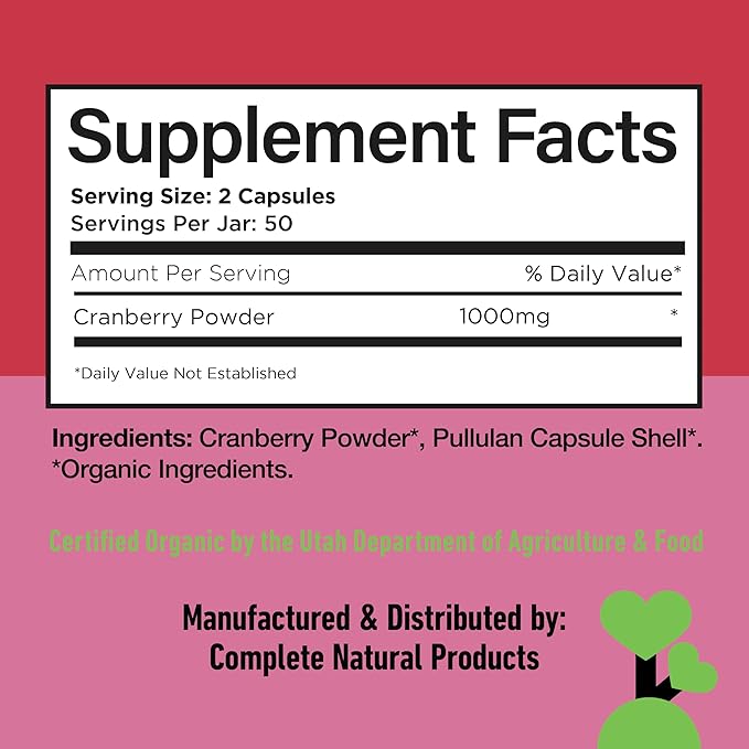 Organic Cranberry Capsules 500mg by Complete Natural Products - Cranberry Supplements for Women, Plant Based Powder for Urinary Tract & Bladder Support, Vegan Non GMO No Fillers Formula Made in USA