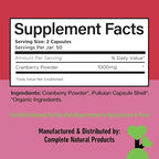 Organic Cranberry Capsules 500mg by Complete Natural Products - Cranberry Supplements for Women, Plant Based Powder for Urinary Tract & Bladder Support, Vegan Non GMO No Fillers Formula Made in USA