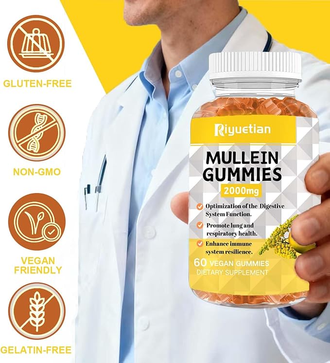 Mullein Gummies, 2000mg Organic Mullein Leaf Extract with Quercetin, Bromelain & Vitamin D3, Mullein Leaf Extract for Respiratory, Natural Lung Cleanse, Improve Appetite, Vegan, Non-GMO, 1 Pack