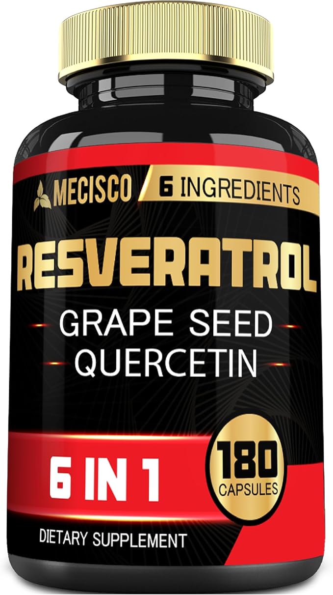 Mecisco 6in1 Trans Resveratrol Supplement with Grape Seed, Milk Thistle, and More - Resveratrol 1000mg - Supports for Immune System, Heart Health, Body Management - 180 Capsules