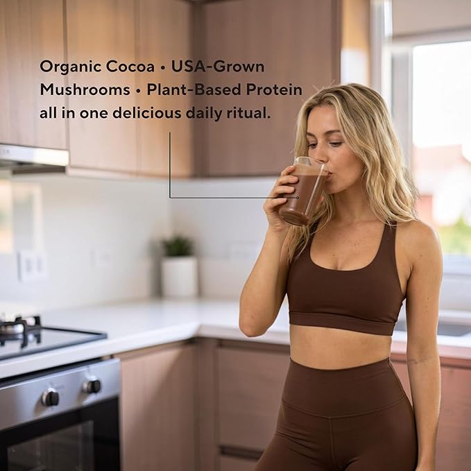 OM MUSHROOM SUPERFOOD Master Blend Vegan Protein – Organic Chocolate Plant Protein with 10 Mushrooms, Ashwagandha, BCAAs & B12 – Energy, Recovery & Immune Support – 1.2 lb (16 Servings)