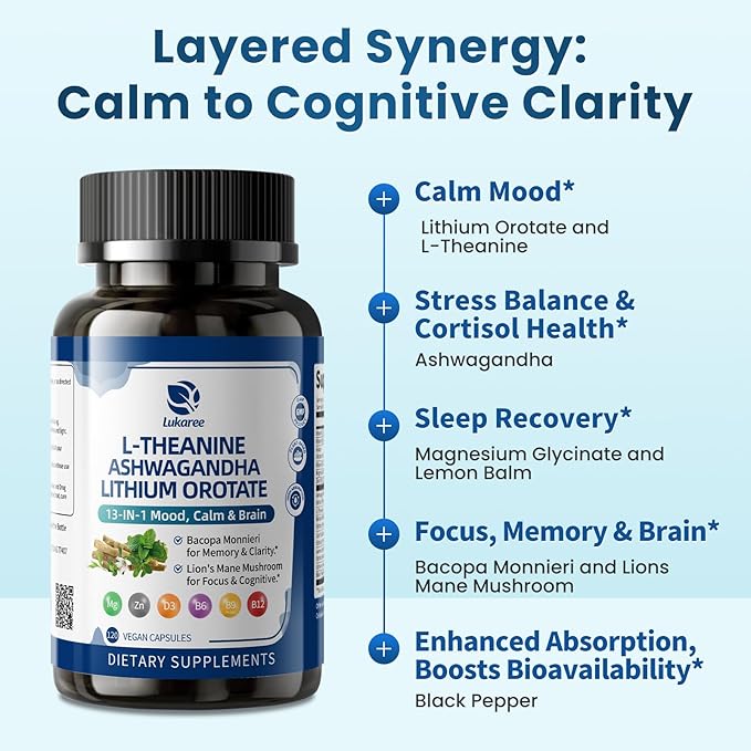 Lithium Orotate 5/10mg, L-Theanine 200mg, Ashwagandha 300mg - Mood Focus Memory Brain Supplements with Bacopa Monnieri, Lion’s Mane, Magnesium, Zinc D3 B6 Folate B12 - 120 Vegan Capsules, 2 Months
