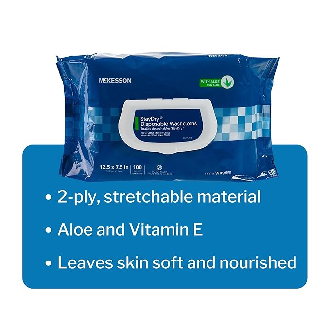 McKesson Staydry Disposable Washcloths with Aloe, Pre-moistened, 8 X 12", Soft Pack