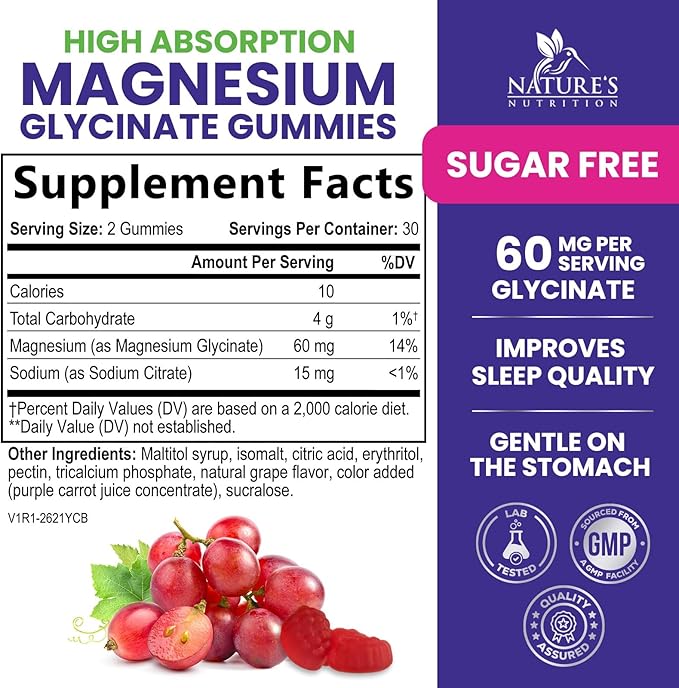 Magnesium Glycinate Supplement Gummies - Magnesium Supplement with Bone Muscle Heart Health & Sleep Support - Gentle on Stomach & Chelated for Max Absorption - Grape Flavor & Sugar Free - 60 Gummies