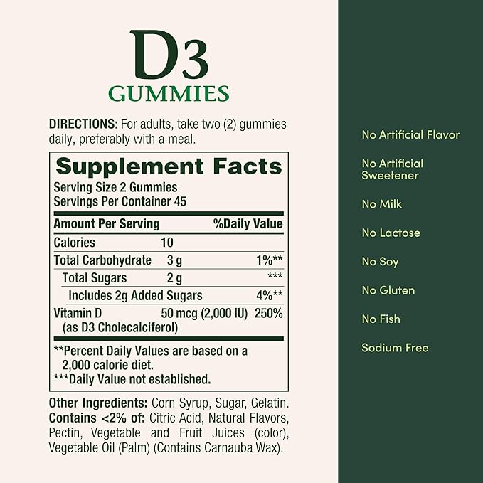 Nature's Bounty Vitamin D3 Gummies, Vitamin Supplement, Supports Immune Health, 50mcg, 2000IU, Mixed Fruit Flavor, 90 Gummies (Pack of 2)