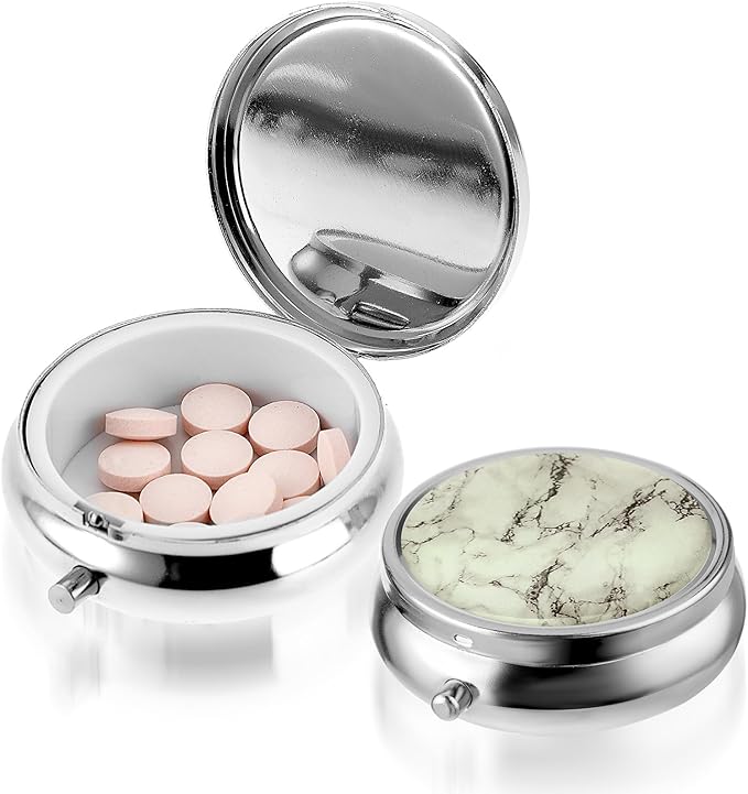 WLLHYF Pill Box Cute Small Pill Box for Purse & Pocket Medicine Organizer Travel Pillbox Waterproof Pills Cases Metal Pills Container Holder for Vitamins, Fish Oil, Supplements (Silver Marbles)