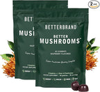 Betterbrand BetterMushrooms Nootropic Gummies - Supports Better Gut Health, Cognitive Function, Mental Clarity with 10 Functional Mushrooms - 60 Gummies - Raspberry Flavor - Pack of 2