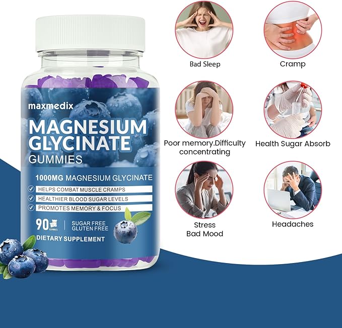 Magnesium Glycinate Gummies 1000mg, Sugar Free Magnesium Potassium Supplements Chewable for Adults with L-Threonate for Sleep, Body Support and Relaxation,90 Blueberry Gummies