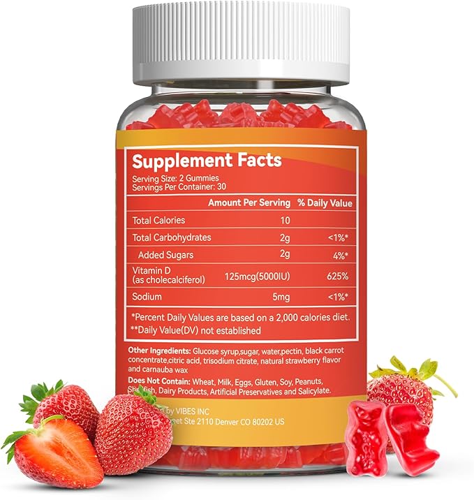 Vitamin D3 5000 IU 125mcg Gummies - Vitamin D Gummies for Adults, Support Immune, Bone, Muscle Health - Non-GMO, Gluten-Free, Dairy-Free, No Gelatin, 60 Count, Strawberry Flavor