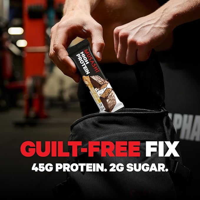 MUSASHI High Protein Bar, 45g Protein, 2g Total Sugars, Peanut Butter & Milk Chocolate Coated, Post Workout and Protein Snack On The Go, 12 Pack of 3.2oz (90g) Bars