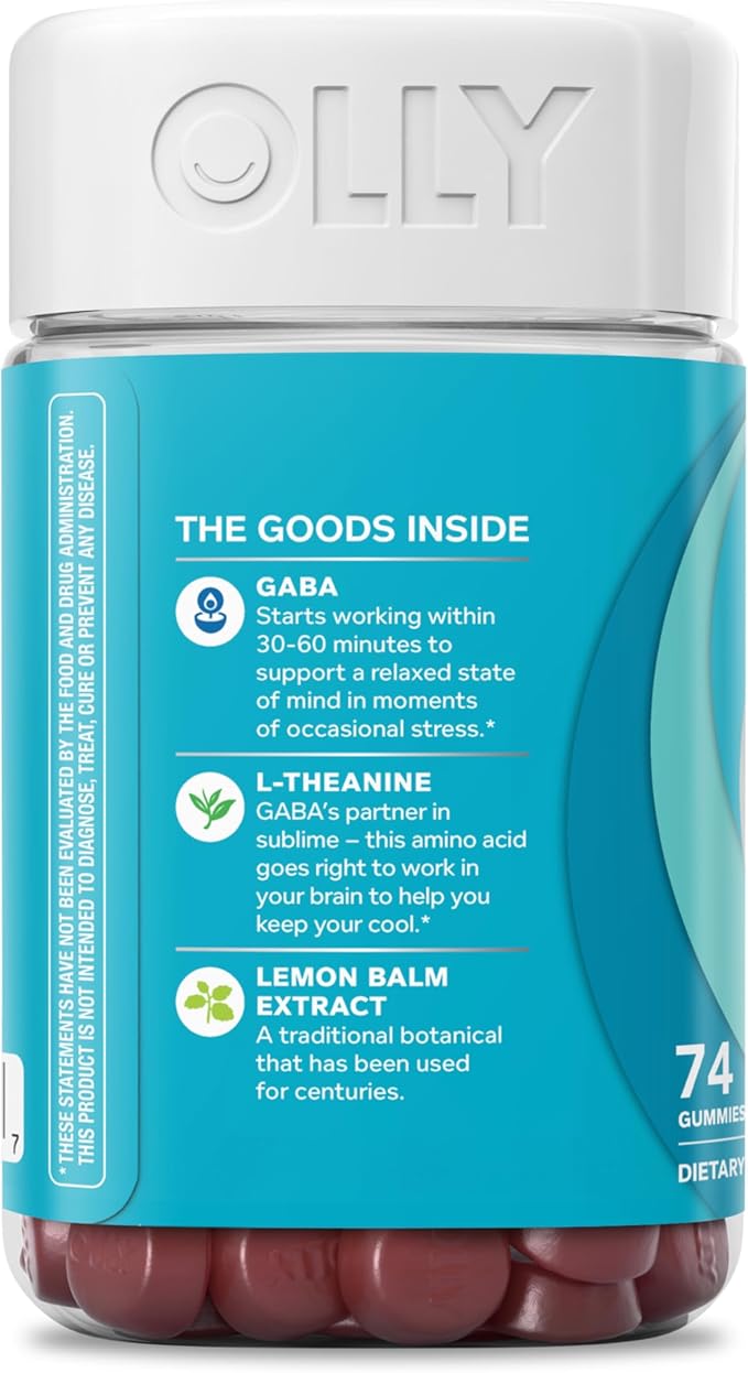 OLLY Goodbye Stress Gummy, GABA, L-Theanine, Lemon Balm, Stress Relief Supplement, Berry - 74 Count