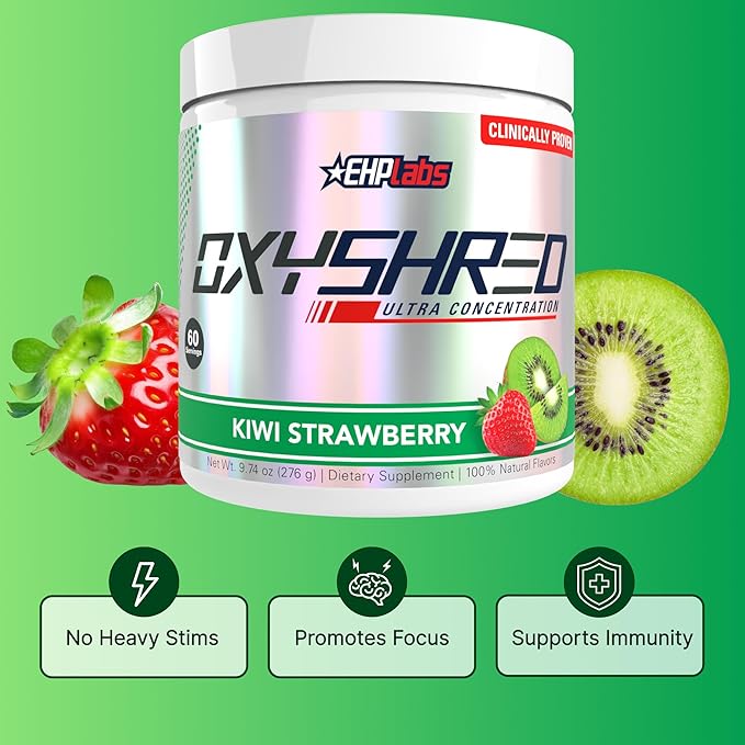 EHP Labs OxyShred Pre Workout Powder - Preworkout Powder with L Glutamine & Acetyl L Carnitine, Energy Boost Drink - Kiwi Strawberry, 60 Servings