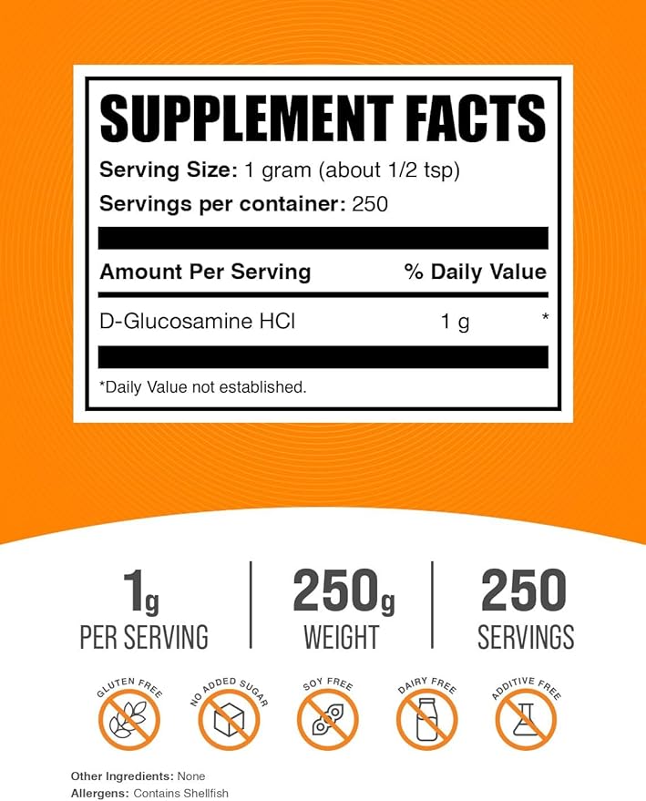 BulkSupplements.com Glucosamine HCl Powder - Glucosamine Supplement, Joint Support Supplement - Gluten Free, 1g per Serving, 250g (8.8 oz) (Pack of 1)