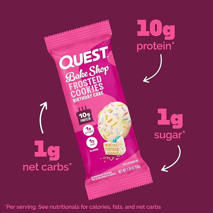Quest Nutrition Frosted Cookies Twin Pack, Birthday Cake, 1g Sugar, 10g Protein, 1g Net Carbs, Gluten Free, 16 Cookies, (Pack of 2)