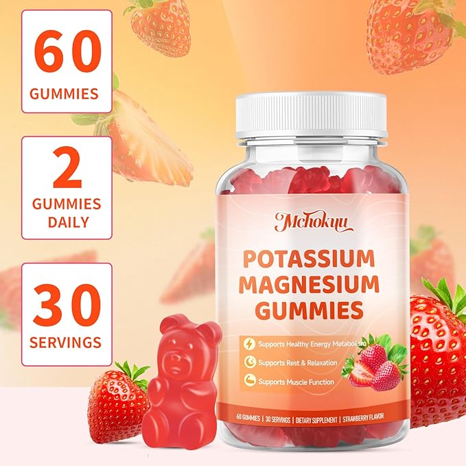 Potassium Magnesium Gummies – High Absorption Magnesium Glycinate – Magnesium Potassium Supplement Gummies with Vitamin B6, D3, B12 for Muscle Support, Sugar-Free Strawberry Flavor, 60 Count
