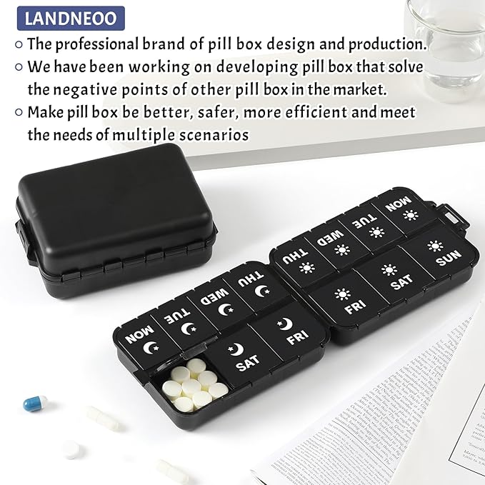 Foldable & Portable Weekly Pill Organizer 2 Times a Day with Clear Printed Labels - 7 Day AM PM Medicine Box, Week Daily Travel Pill Meds Case Holder for Medications, Vitamin, Supplement - Black