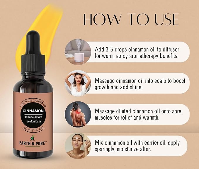 Earth N Pure Cinnamon Essential Oil for Home Fragrance | Best for Aromatherapy | Helps in Meditation | Used in Diffusers, Candles, Air Fresheners, Soaps 50 ML