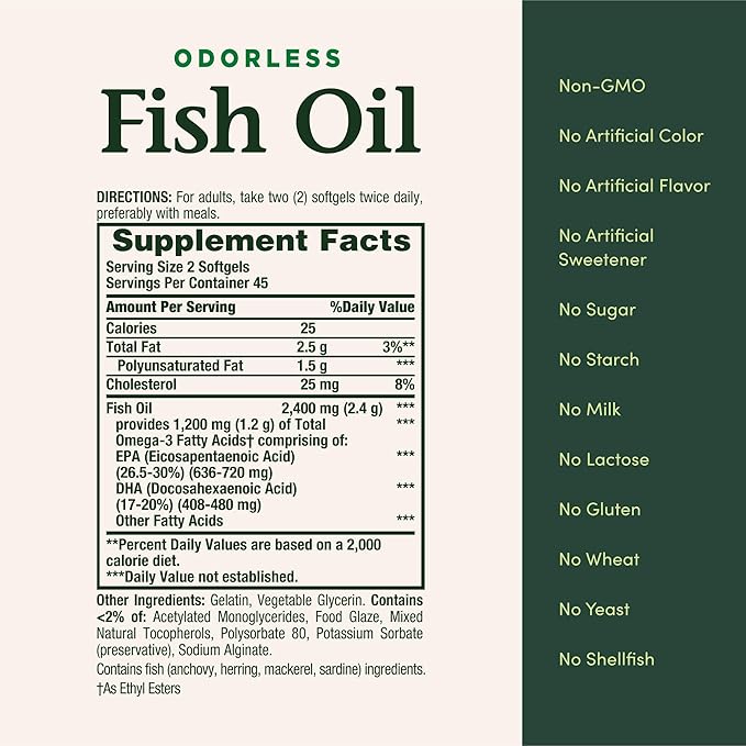 Nature's Bounty Odorless Fish Oil, 1200mg Omega-3 per Serving Including EPA & DHA, Supports Heart Health, Purified to Eliminate Mercury, Coated Softgels, Gluten Free, No Shellfish, 90 Ct