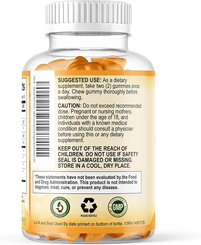 Turmeric Curcumin Supplement Gummies - 95% Curcuminoids with Turmeric & Ginger, Black Pepper for Best Absorption, Nature's Vegan Joint Support, Non-GMO, Gluten Free, Tasty Peach Flavor - 120 Gummies