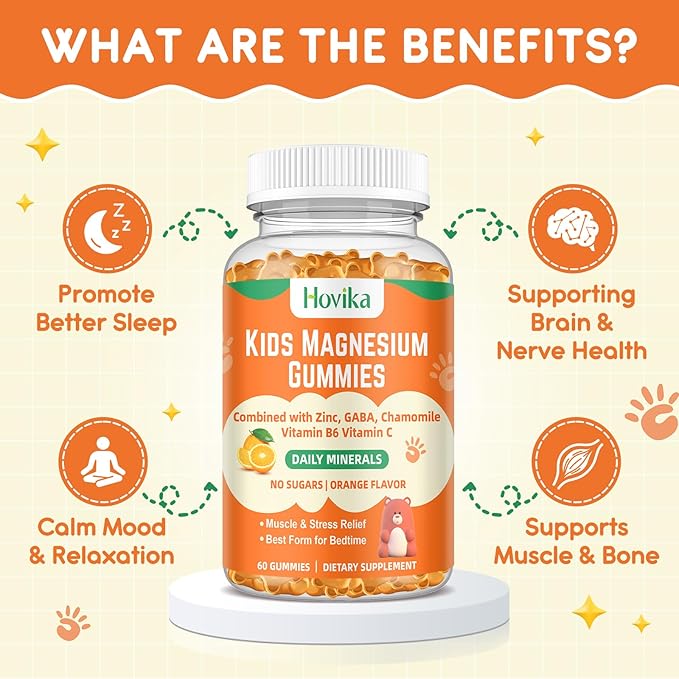 Magnesium Glycinate Gummies for Kids: Calm Magnesium Supplement for Kids & Adults with Zinc Citrate, GABA, Chamomile, Vitamin B6 & C - Sleep, Relaxation & Focus, Orange Flavor 60 Count