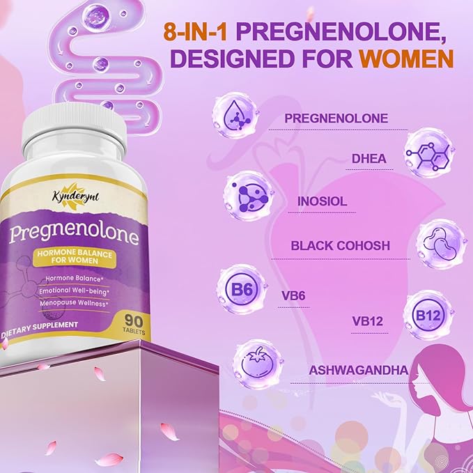 Pregnenolone with Ashwagandha for Women, Pregnenolone 100mg (2 Tablets) or 50mg (1 Tablet) Dose, 8-in-1 Formula with DHEA, Black Cohosh, Dual-Dosing, Vegan, Gluten Free, 180 Chewable Tablets