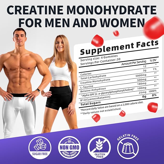 99.99% Creatine Monohydrate Gummies for Men & Women, 5,000mg Tasty Creatine Gummies for Muscle Strength, Endurance, Recovery & Sugar Free, Gluten-Free, Vegan, Non-GMO, 120 Count