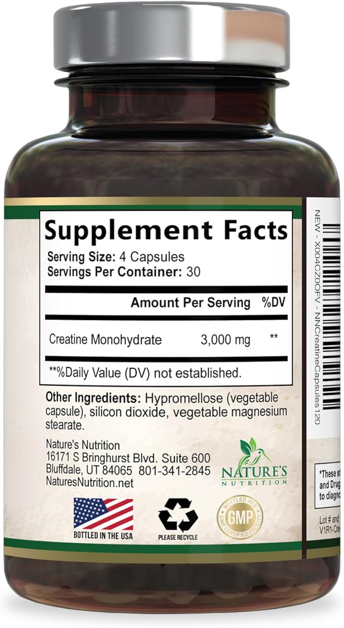 Creatine Monohydrate 3000mg Per Serving – Micronized Creatine Powder Capsules - Supports Lean Muscle, Strength, Energy, & Endurance - Nature's Supplement, Non-GMO, Bottled in USA - 120 Capsules