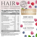 Hair Vitamins Gummies - Sugar Free Hair Growth Support Gummy with Biotin 5000 mcg Per Serving, Vitamin A, B12, C, D, E, Folic Acid - Supports Strong Beautiful Hair and Nails, Vegetarian - 120 Gummies