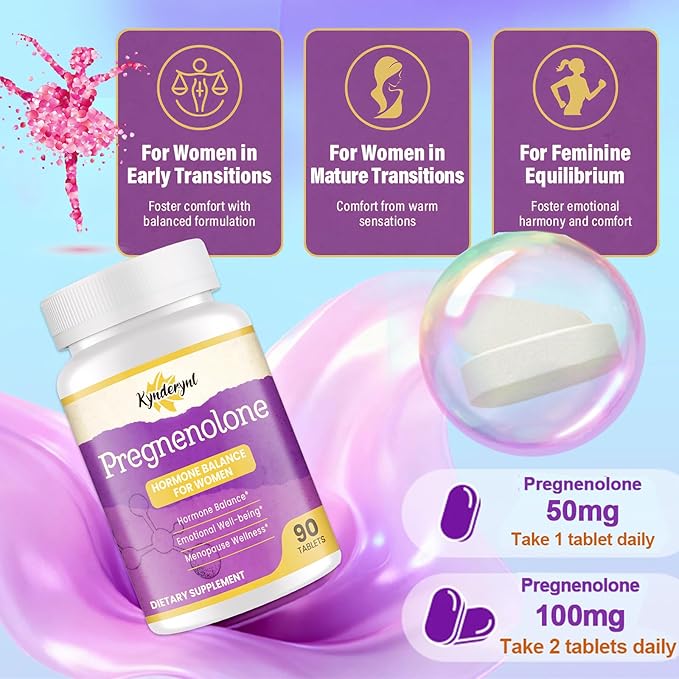 Pregnenolone with Ashwagandha for Women, Pregnenolone 100mg (2 Tablets) or 50mg (1 Tablet) Dose, 8-in-1 Formula with DHEA, Black Cohosh, Dual-Dosing, Vegan, Gluten Free, 90 Chewable Tablets