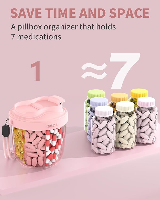 Pill Organizer with 7 Compartments, Pill Dispenser Case for Holding 7 Different Vitamins, Anti-Mix Design for Easy Medication Retrieval. Travel Pill Organizer with 20 Labels. Pill Container-Pink