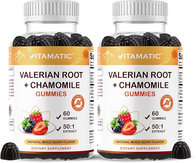 Vitamatic Valerian Root & Chamomile Gummies – Plant-Based Botanical Extract – Mixed Berry Flavor – Vegan, Non-GMO, Gluten-Free – Herbal Supplement – 60 Count (120 Count)