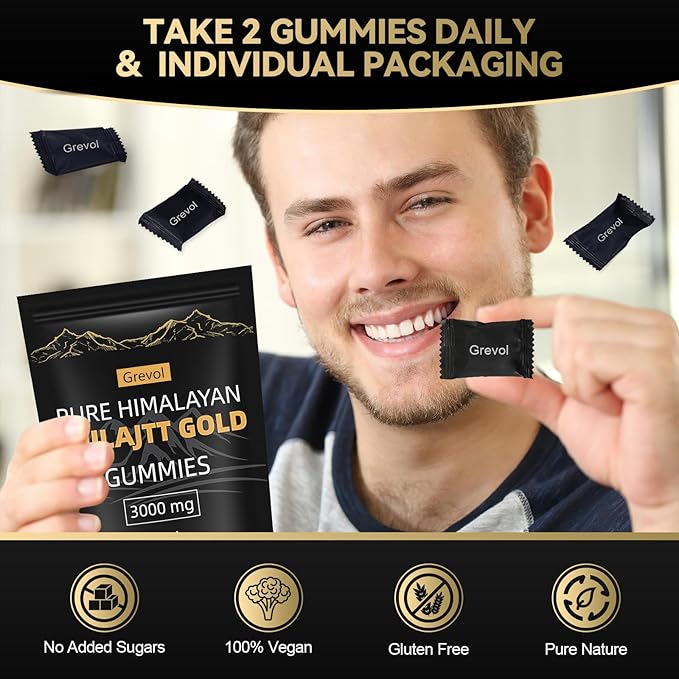 Grevol Himalayan Shilajit Gummies with Ashwagandha Fulvic Acid & 85+ Trace Minerals - No Added Sugar - Individually Wrapped - 120 Gummy