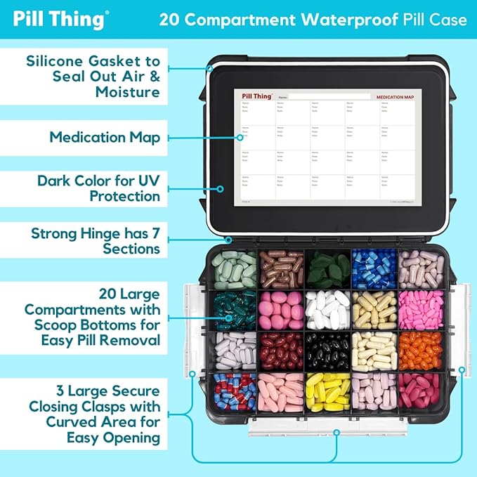 20 Compartment UV Protected Large Cobalt Blue Pill Case with Airtight Seal, Spill Proof, Silicone Gasket Waterproof Med Box with Medication Map (Black and Clear, 20 Compartment - 2 Pack)