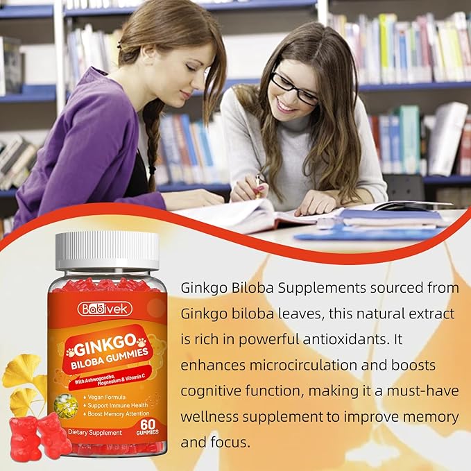 Ginkgo Biloba Gummies with Ashwagandha, Vitamin C & Magnesium - Vegan, Non-GMO, Gluten-Free - Raspberry Flavor, 60 Count