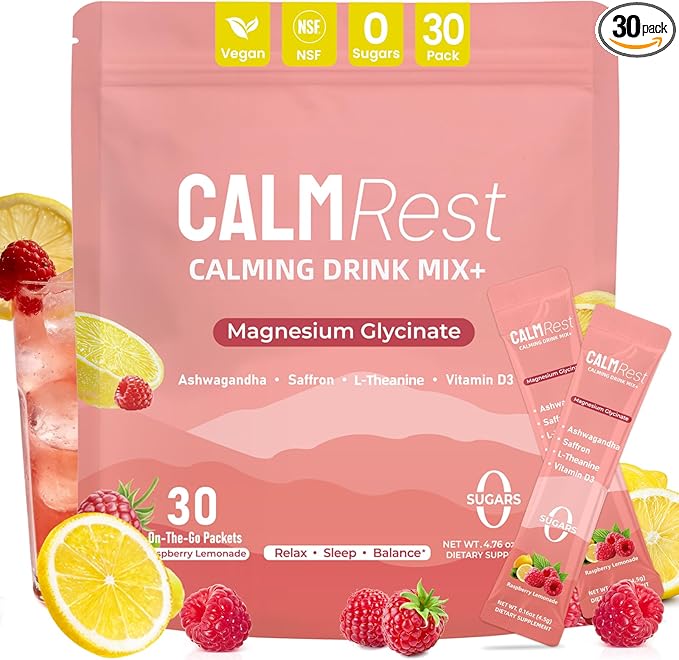 Calm Magnesium Powder, Cortisol Supplement for Women, Supports Sleep, Stress Relief & Relaxation with Ashwagandha, Saffron, L Theanine, Vitamin D3, No Sugar, 30Ct, Raspberry Lemonade
