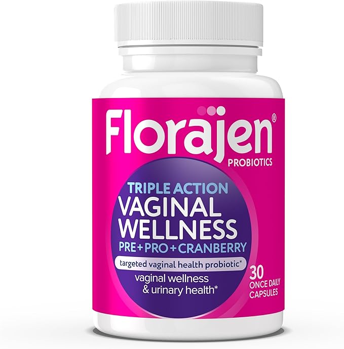 Florajen Women’s Triple-Action Probiotic, Prebiotic + Probiotic + Cranberry for Vaginal, Digestive, & Immune Support - Fast-Acting - Clinically-Studied - Gluten-Free & Vegan - 30-Count