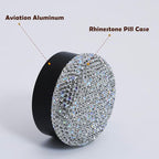 Small Pill Case 3 Compartments, Metal Round Portable Pill Box, Waterproof Travel Pill Organizer, Pocket Purse Medicine Vitamin Holder EDC Container (Black with Rhinestone)