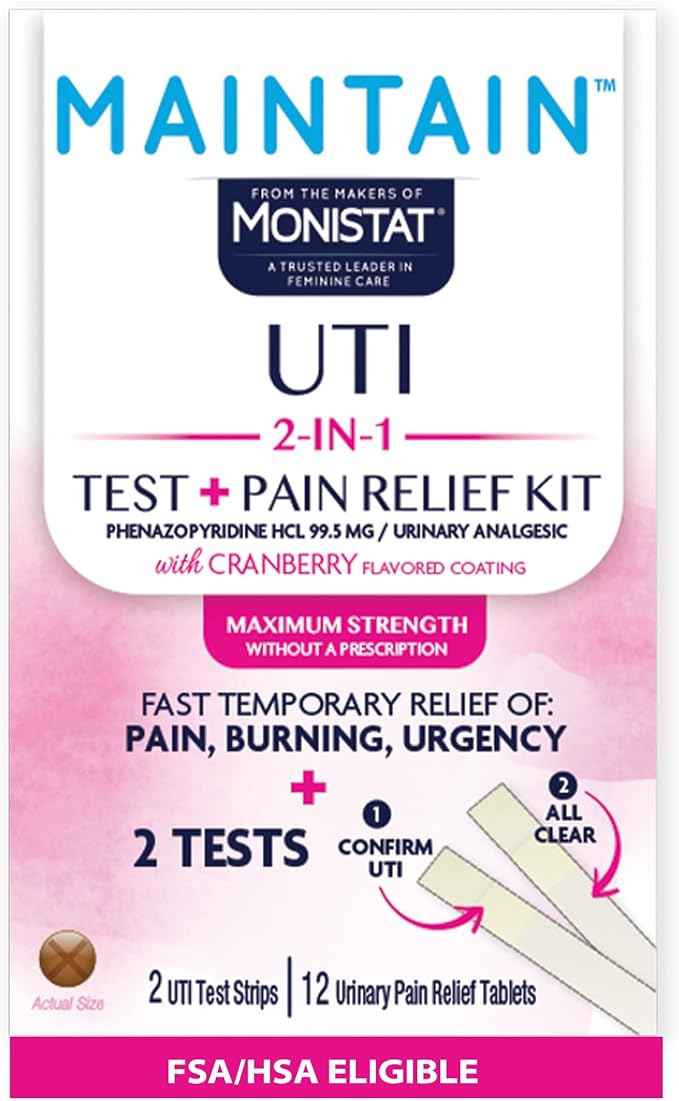 Monistat Maintain UTI 2-in-1 Test & Pain Relief Kit, 2 Test Strips & 12 Urinary Pain Relief Tablets, 2 Minute Results and Maximum Strength Pain, Burning and Urgency Relief