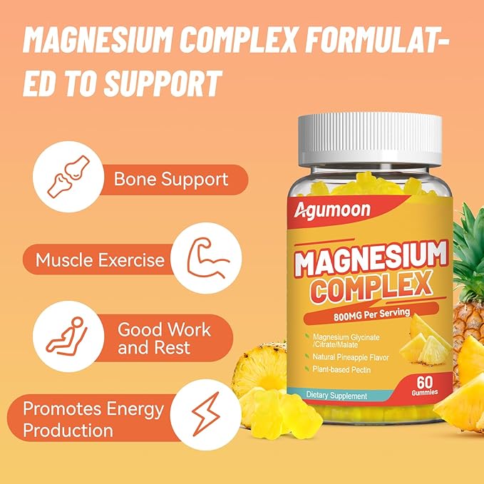 Magnesium Complex Gummies 800mg with Zinc & Vitamins B6, B12, C, D3, 120 Pineapple Gummies, High Absorption Glycinate, Citrate, Malate, Non-GMO, Gluten-Free
