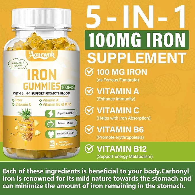 1 Pack 100MG Iron Supplements Gummies for Women & Men - Contains Vitamin C, A, B - Suitable Adults & Kids, Iron Deficiency, Immune & Energy Support, Pineapple Flavor, Non-GMO, 60 Counts