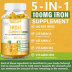 1 Pack 100MG Iron Supplements Gummies for Women & Men - Contains Vitamin C, A, B - Suitable Adults & Kids, Iron Deficiency, Immune & Energy Support, Pineapple Flavor, Non-GMO, 60 Counts