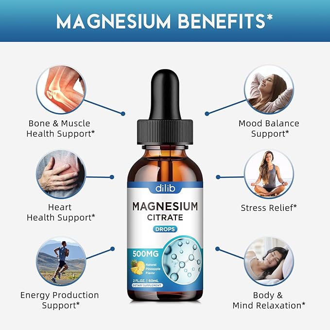 Magnesium Citrate Liquid Magnesium Drops Supplement 500mg-Support Stress Relief, Bone, Muscle, Mood, Sleep-2 Fl Oz, Vegan, Pineapple Flavor