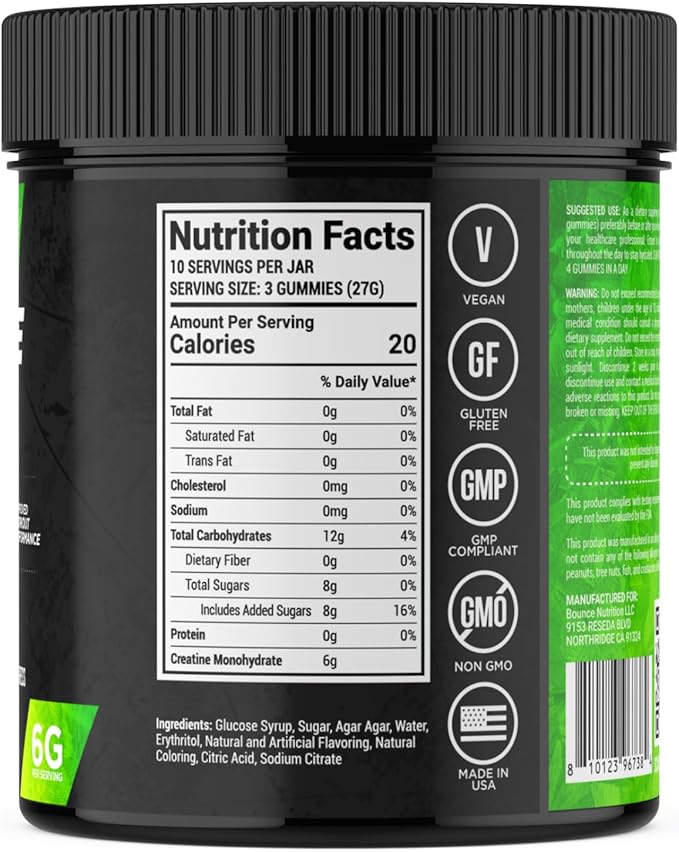 Bounce Pro Creatine Monohydrate Gummies for Men & Women, Low Calorie, 6G of Creatine per Serving, Vegan, Anti-Melting, Gluten-Free, Non-GMO (30 Count (Pack of 1), Lemon Cake)