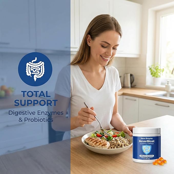 Nano Digestive Enzyme Gummies with Probiotics – NeverBloat Formula for Daily Digestive Support, Helps Relieve Bloating & Gas, Chewable Enzyme Complex - 60 Gummies