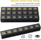 Monthly Pill Organizer, 28 Day Pill Box 1 Time a Day with Dust-Proof Case, Large 4 Weeks a Month Pill Case Container, Daily Vitamin Case Box for Pills/Medicine/Fish Oil/Supplements（Black）