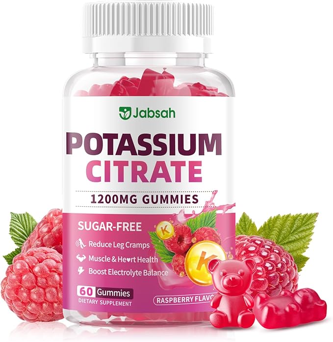 Potassium Citrate Gummies 1200mg, Sugar-Free Potassium Supplement for Adults Women & Men, Supports Leg Cramps & Muscle & Heart Health, Vegan, Gluten Free - Raspberry Flavor (60 Count)