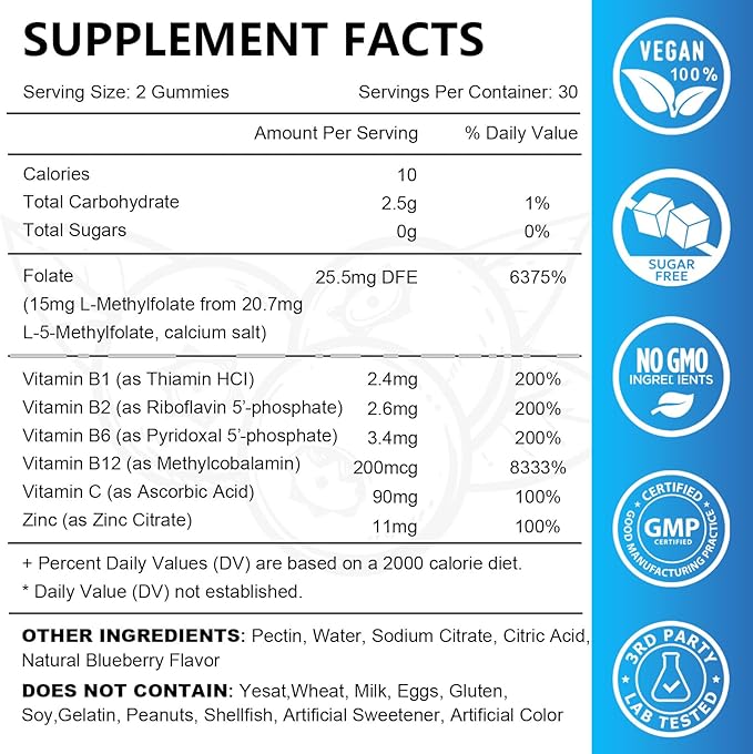 L-Methylfolate 15mg Gummies with Methyl B12, Folate 5-MTHF Supplement for Mood, Brain Health, Cognition & Immunity, Sugar Free, Vegan, Non-GMO, 60 Count