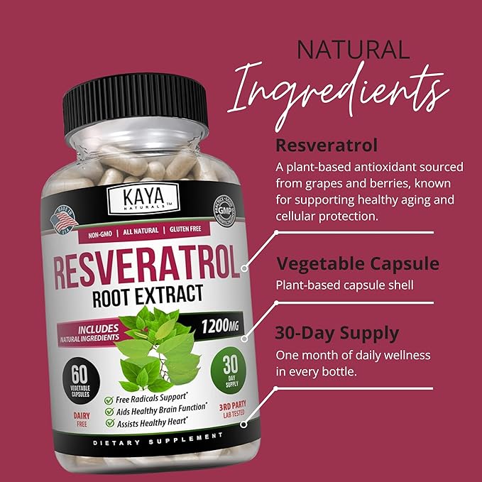 Kaya Naturals - Resveratrol Capsules - Anti Aging Supplement - Antioxidants with Brain Support - Maximum Benefits - 60 Veggies Capsules