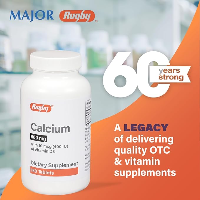 Rugby 600mg Calcium Tablets - Made with 10mcg (400IU) of Vitamin D3 - Dietary Supplement - 180 Count (1 Pack)