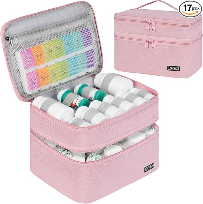 Medicine Storage Bag,Double Layers Pill Bottle Organizer Bag Empty with Lockable Zipper&Adjustable Divider,Medication Travel Carrying Bag for Pills,Vitamins,Medical Supplies,Pink